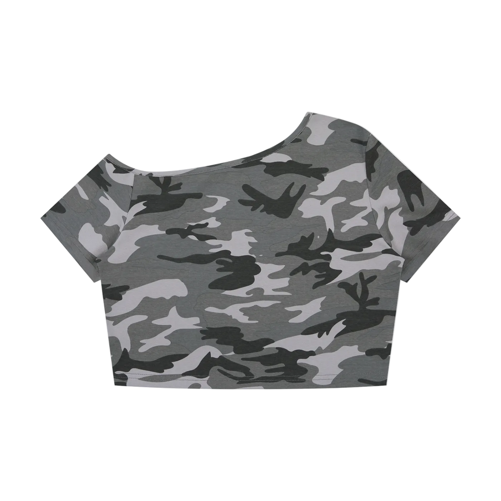 EST MMVII Women's Camo Off-Shoulder Crop T-Shirt