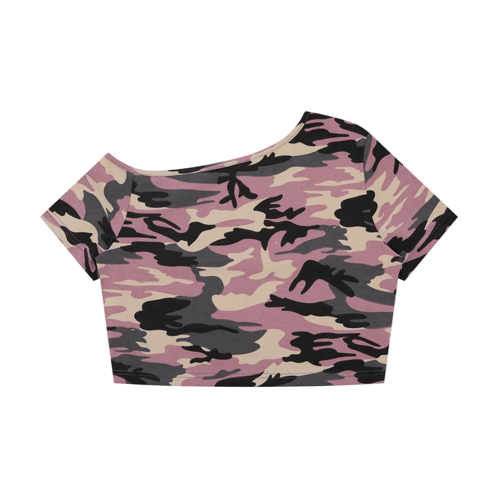 EST MMVII Women's Camo Off-Shoulder Crop T-Shirt