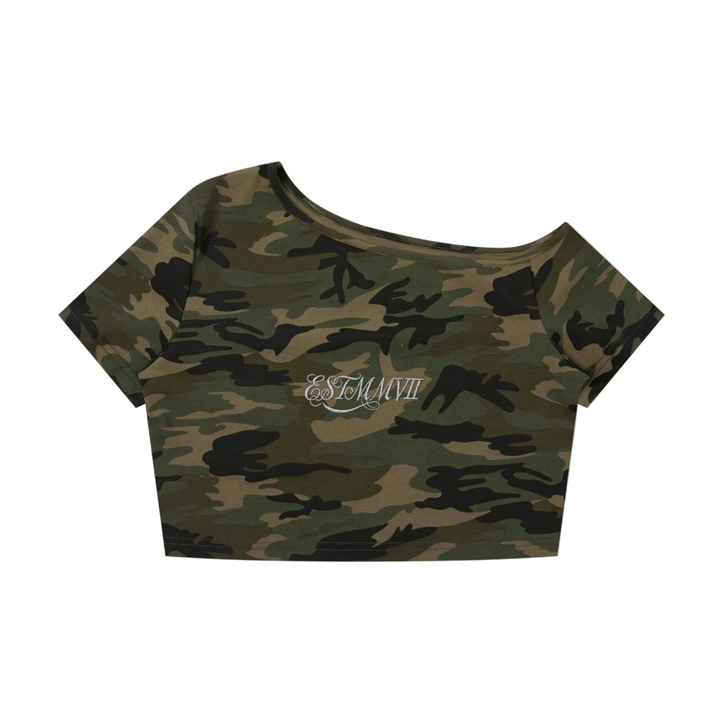 EST MMVII Women's Camo Off-Shoulder Crop T-Shirt