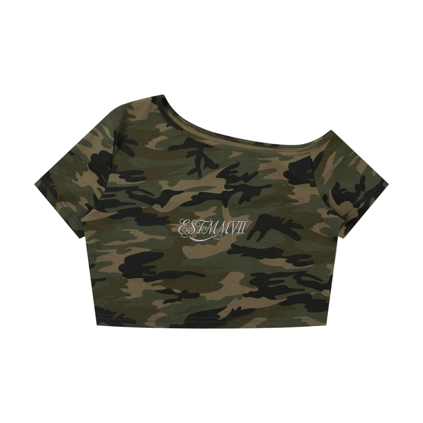 EST MMVII Women's Camo Off-Shoulder Crop T-Shirt