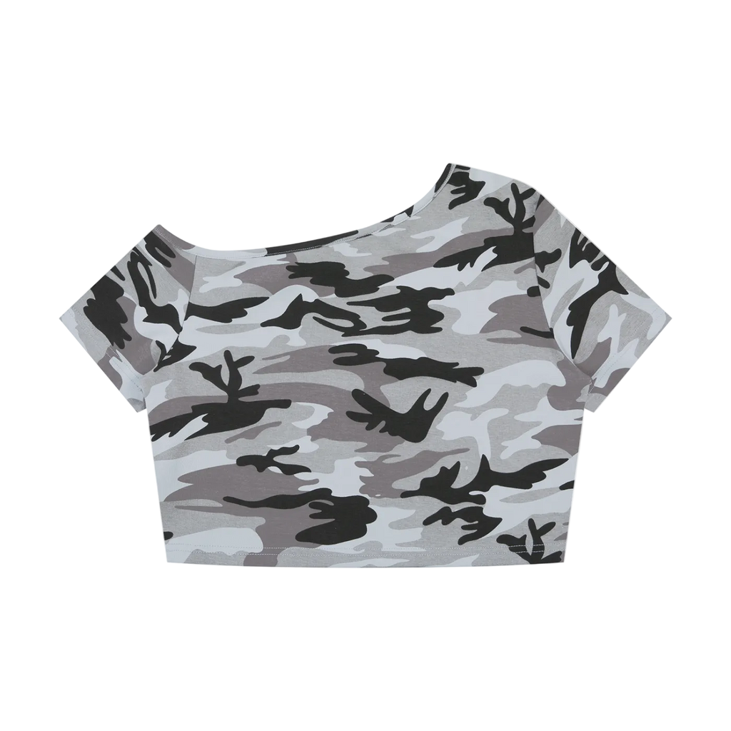 EST MMVII Women's Camo Off-Shoulder Crop T-Shirt