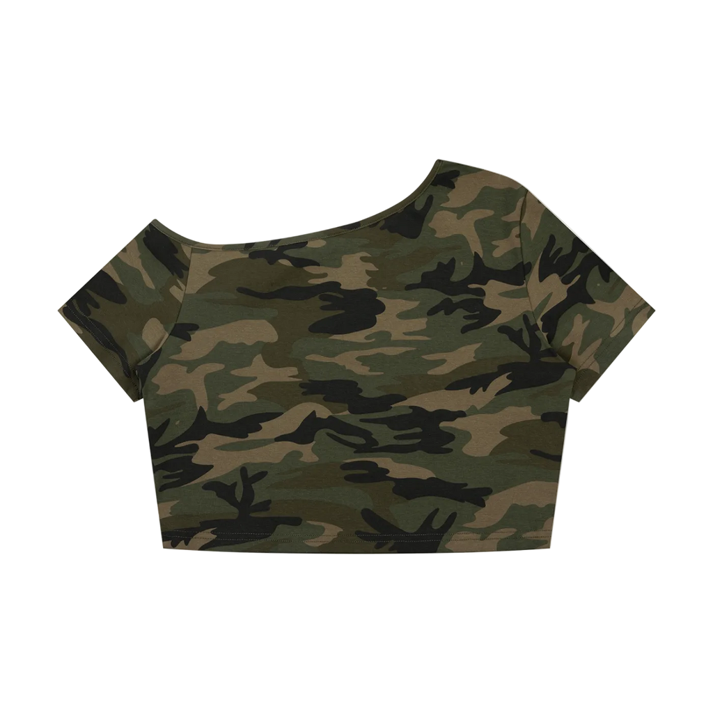 EST MMVII Women's Camo Off-Shoulder Crop T-Shirt